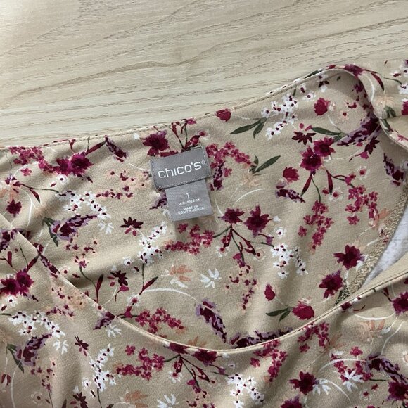 Chicos Knit Top Size 1 Medium Tan Pink Floral Double Lined Scoop Neck Tee Blouse - Picture 4 of 7